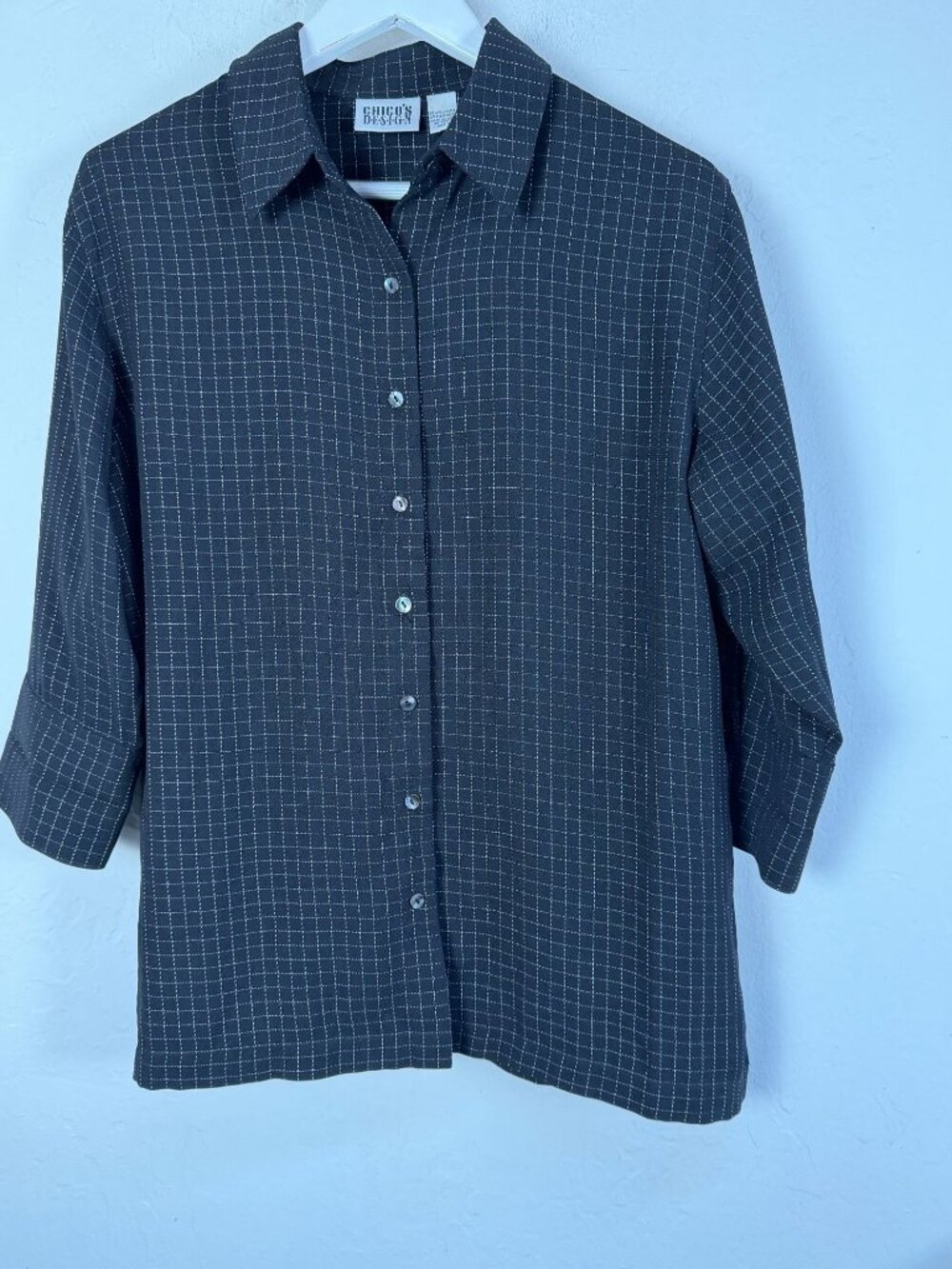 Chico's Design Womens Black Windowpane Grid Button Front Shirt 3/4 Sleeve Size 2